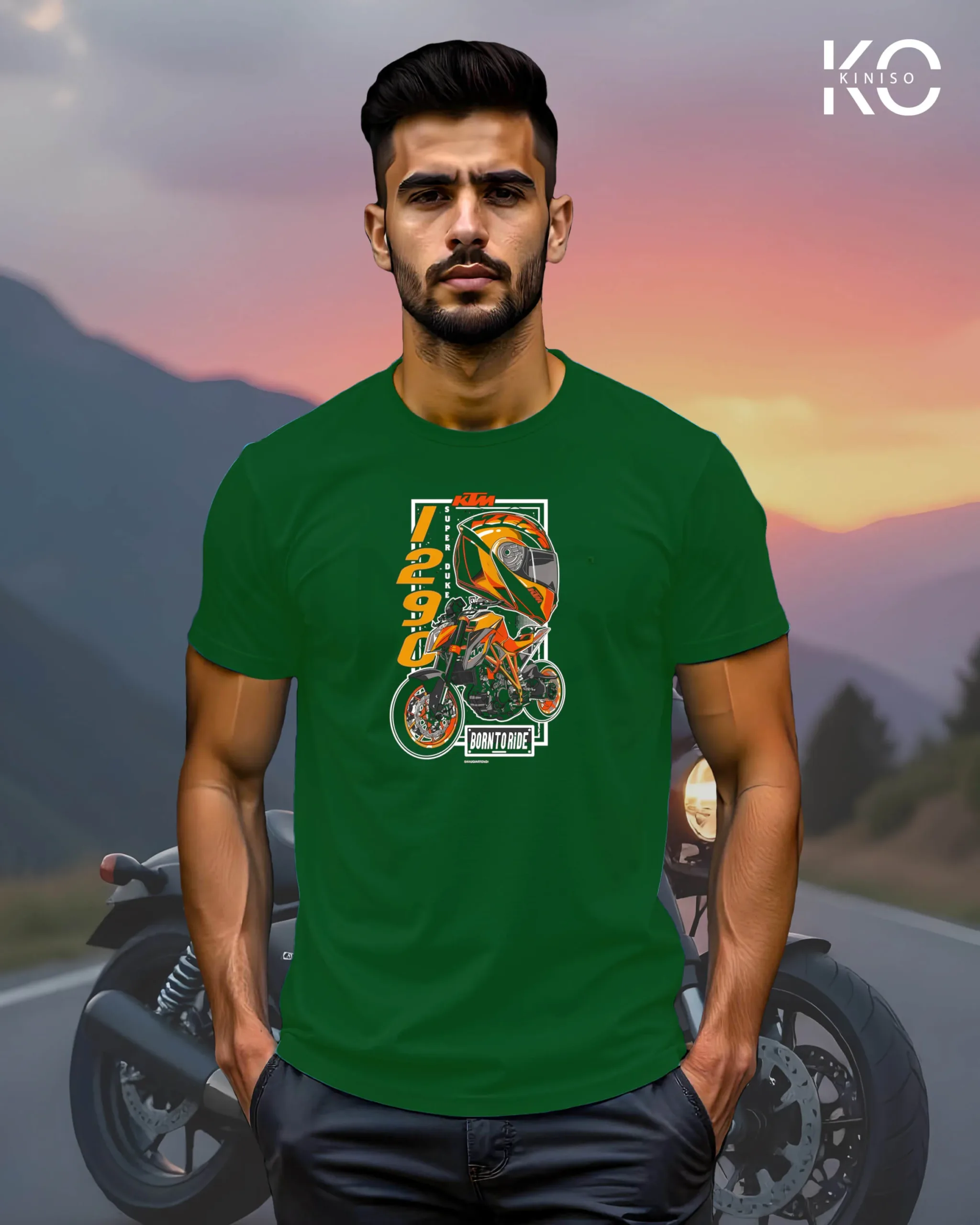 Image of Bottle Green Color Motorcycle t-shirts featuring graphics of KTM 1290 for bike riders & adventure seekers