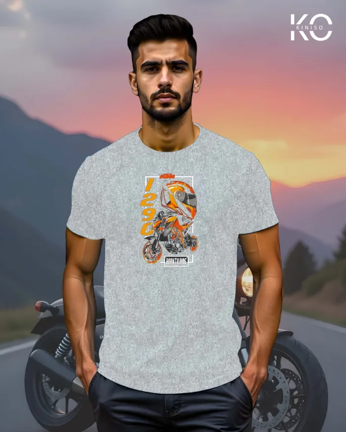 Image of Light Grey Color Motorcycle t-shirts featuring graphics of KTM 1290 for bike riders & adventure seekers