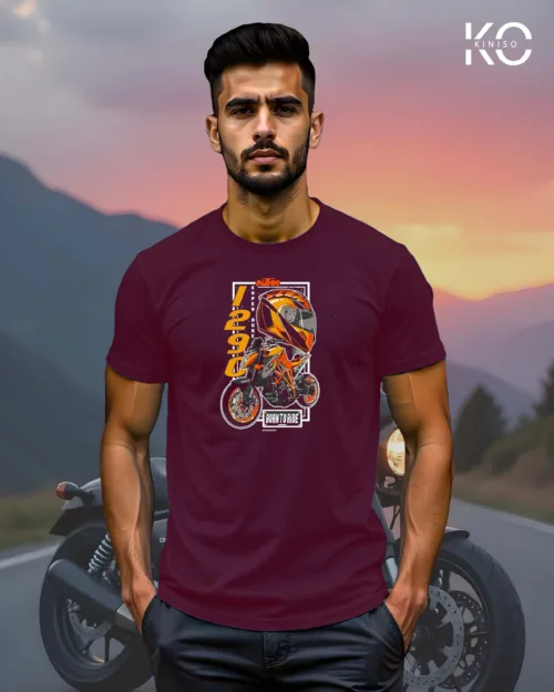 Image of Maroon Color Motorcycle t-shirts featuring graphics of KTM 1290 for bike riders & adventure seekers