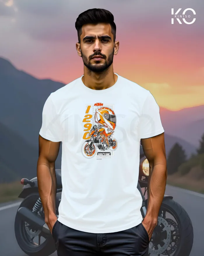Image of White Color Motorcycle t-shirts featuring graphics of KTM 1290 for bike riders & adventure seekers
