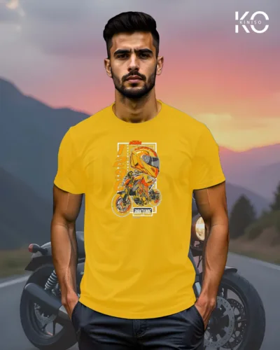 Image of Yellow Color Motorcycle t-shirts featuring graphics of KTM 1290 for bike riders & adventure seekers