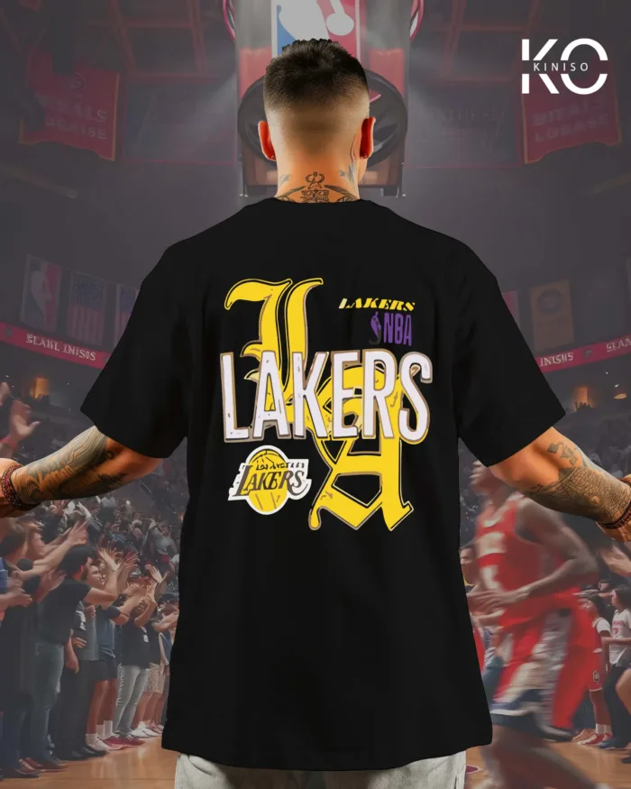 Image of Black Color NBA Themed Lakers Printed Drop Shoulder T-Shirts for men