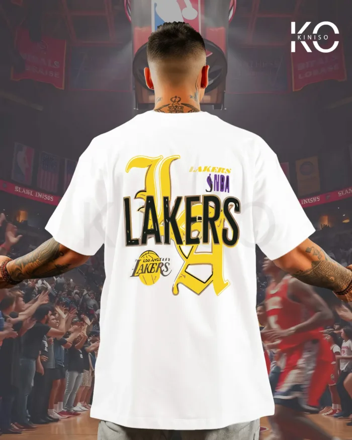 Image of White Color NBA Themed Lakers Printed Drop Shoulder T-Shirts for men