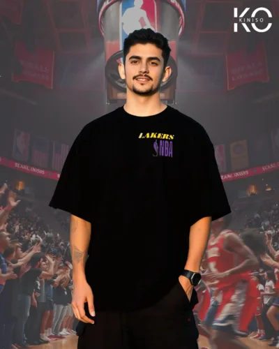 Image of Black Color NBA Themed Lakers Printed Drop Shoulder T-Shirts for men