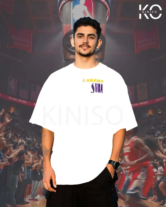 Image of White Color NBA Themed Lakers Printed Drop Shoulder T-Shirts for men