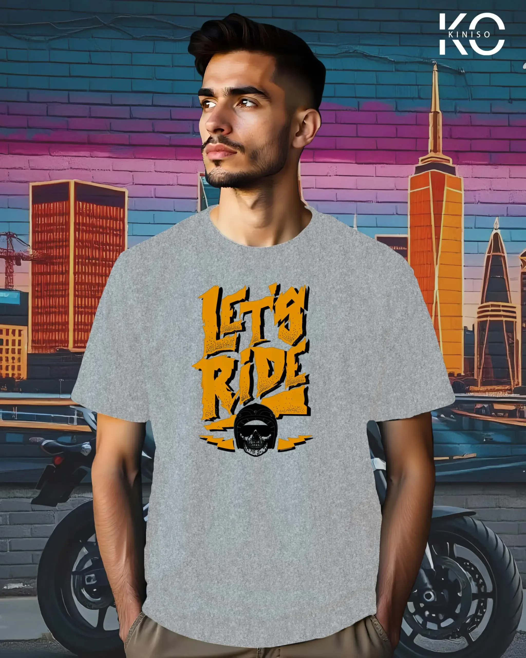 Image of Light Grey Color Motorcycle t-shirts featuring graphics of Lets Ride for bike riders & adventure seekers