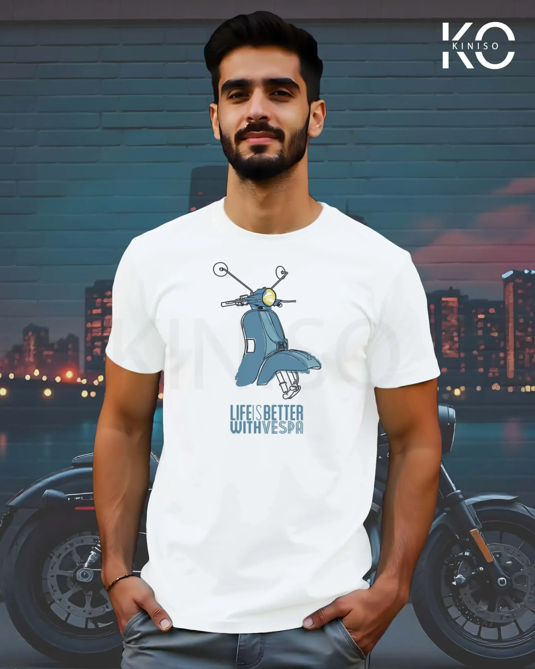 Image of White Color Motorcycle t-shirts featuring graphics of Life is better with vespa for bike riders & adventure seekers