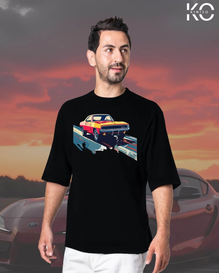 Image of Black Drop Shoulder Car Themed T-Shirt Low Ride Design Print For Men