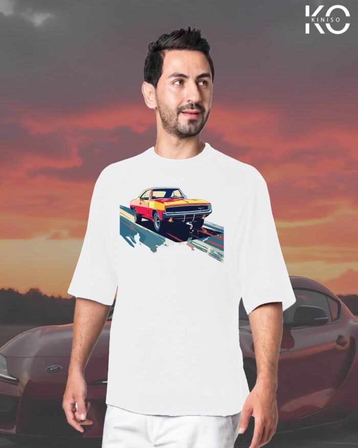 Image of White Drop Shoulder Car Themed T-Shirt Low Ride Design Print For Men