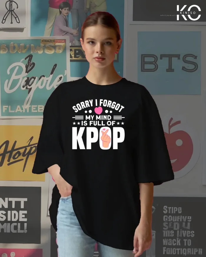 image of Kiniso black color drop shoulder t-shirt with mind full of k-pop design