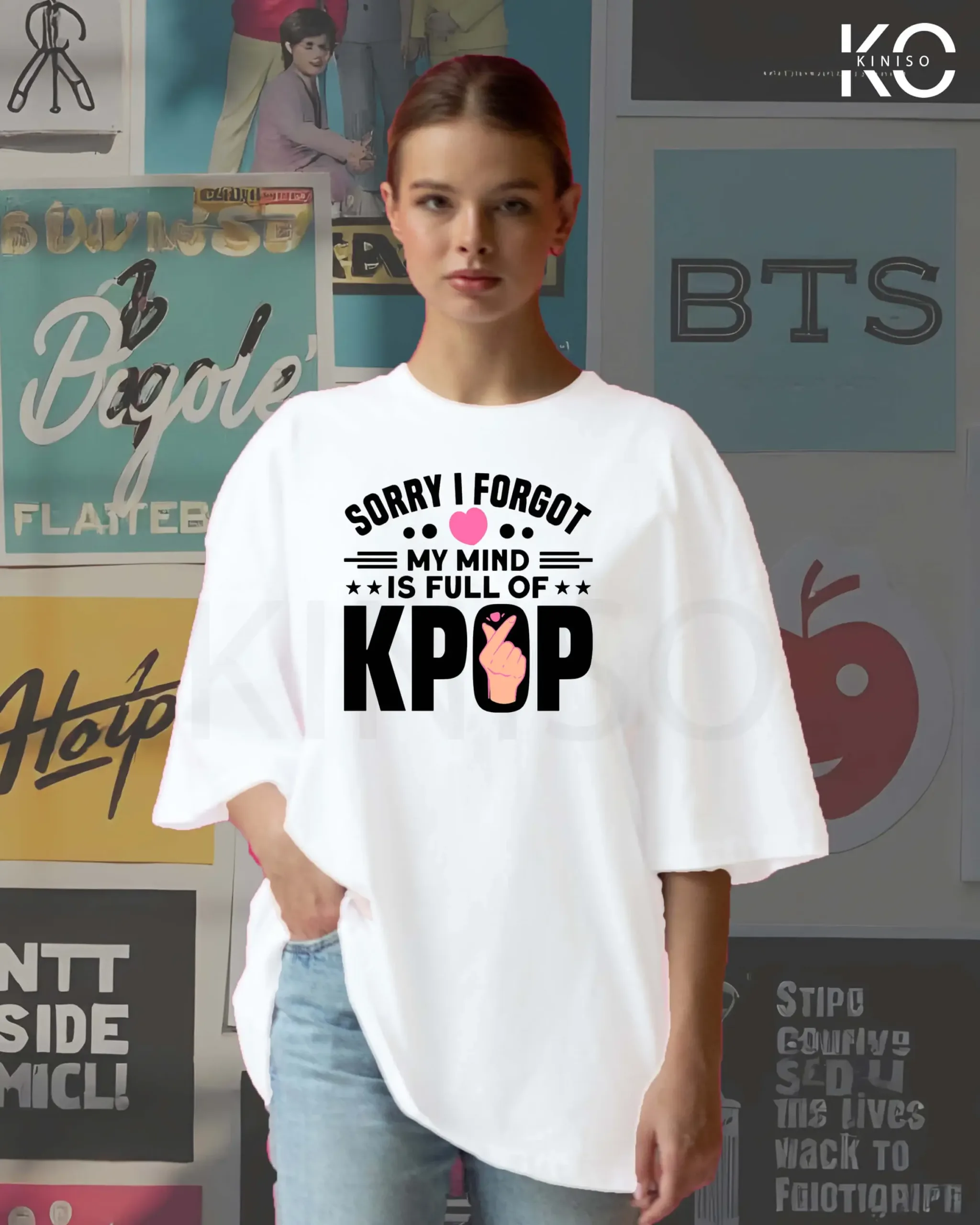 image of Kiniso white color drop shoulder t-shirt with mind full of k-pop design