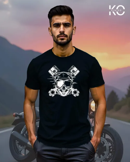 Image of Black Color Motorcycle t-shirts featuring graphics of Motorbike Engine for bike riders & adventure seekers