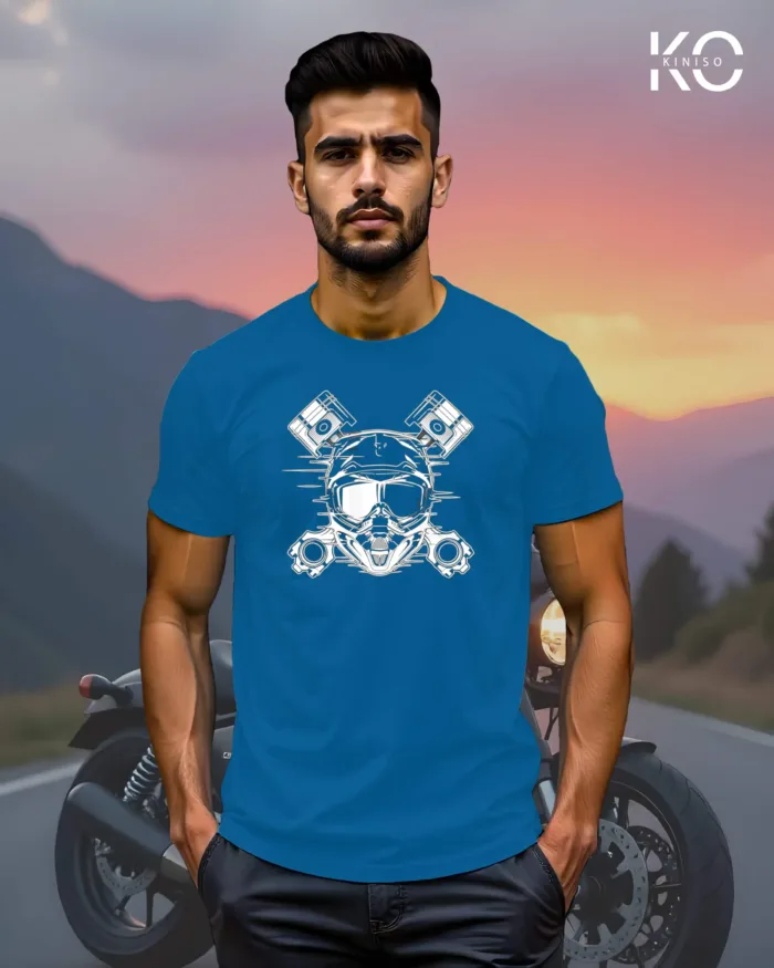 Image of Ocean Blue Color Motorcycle t-shirts featuring graphics of Motorbike Engine for bike riders & adventure seekers