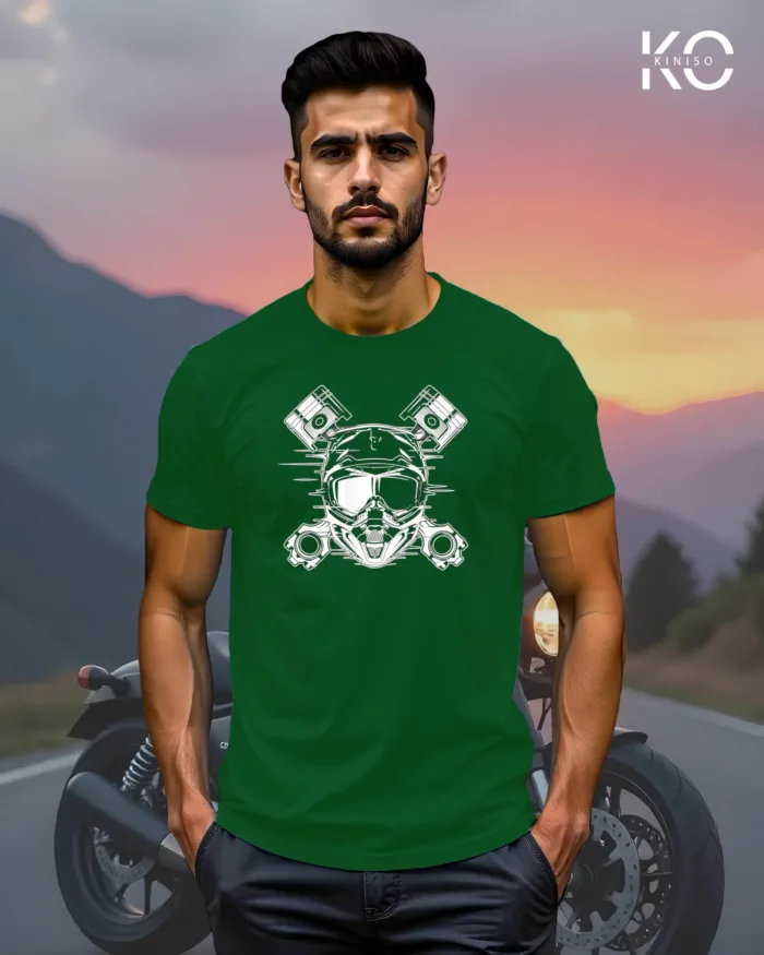 Image of Bottle Green Color Motorcycle t-shirts featuring graphics of Motorbike Engine for bike riders & adventure seekers