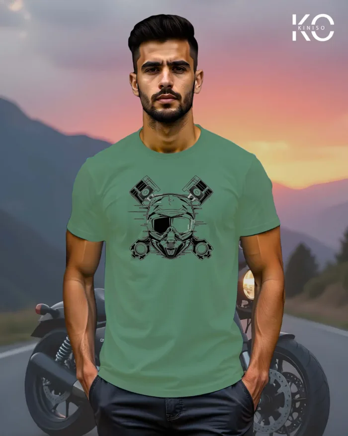 Image of Pastel Green Color Motorcycle t-shirts featuring graphics of Motorbike Engine for bike riders & adventure seekers