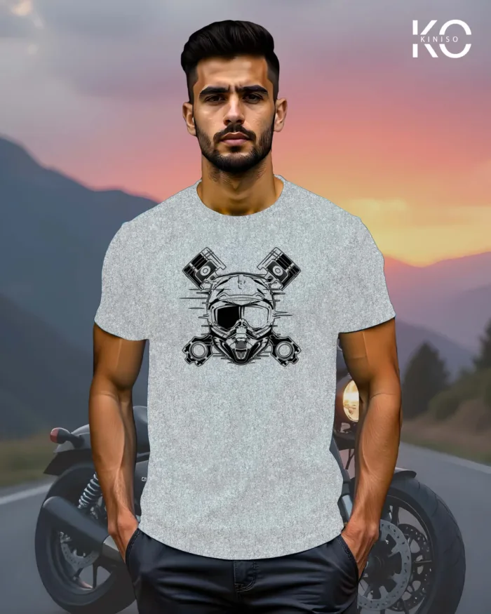 Image of Light Grey Color Motorcycle t-shirts featuring graphics of Motorbike Engine for bike riders & adventure seekers