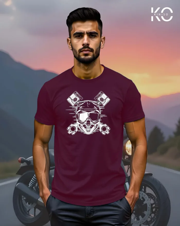 Image of Maroon Color Motorcycle t-shirts featuring graphics of Motorbike Engine for bike riders & adventure seekers