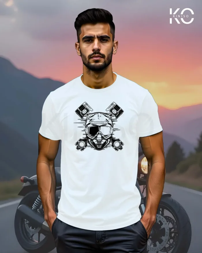 Image of White Color Motorcycle t-shirts featuring graphics of Motorbike Engine for bike riders & adventure seekers