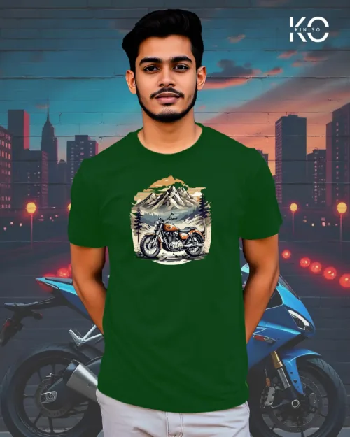 Image of Bottle Green Color Motorcycle t-shirts featuring graphics of Mountain Ride for bike riders & adventure seekers