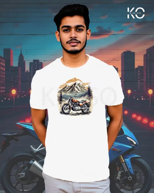 Image of White Color Motorcycle t-shirts featuring graphics of Mountain Ride for bike riders & adventure seekers