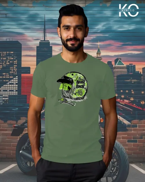 Image of Pastel green Green Color Motorcycle t-shirts featuring graphics of Never back Helmet for bike riders & adventure seekers