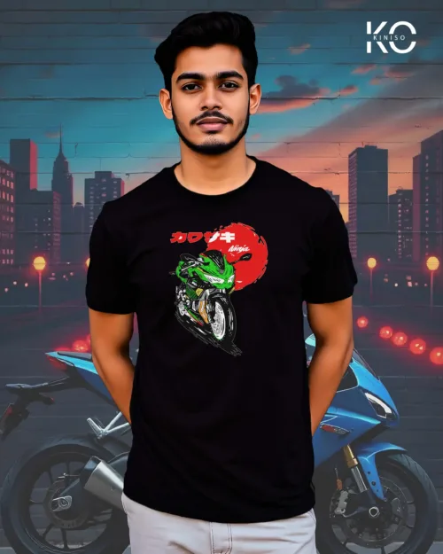 Image of Black Color Motorcycle t-shirts featuring graphics of Ninja Bike for bike riders & adventure seekers