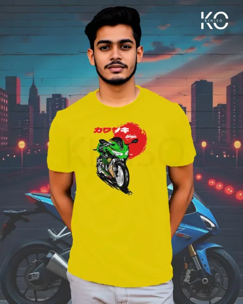 Image of Yellow Color Motorcycle t-shirts featuring graphics of Ninja Bike for bike riders & adventure seekers