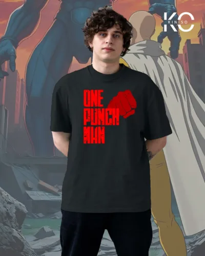 image of Kiniso Black Color Drop Shoulder T-Shirt with one punch man print for Manga Lovers