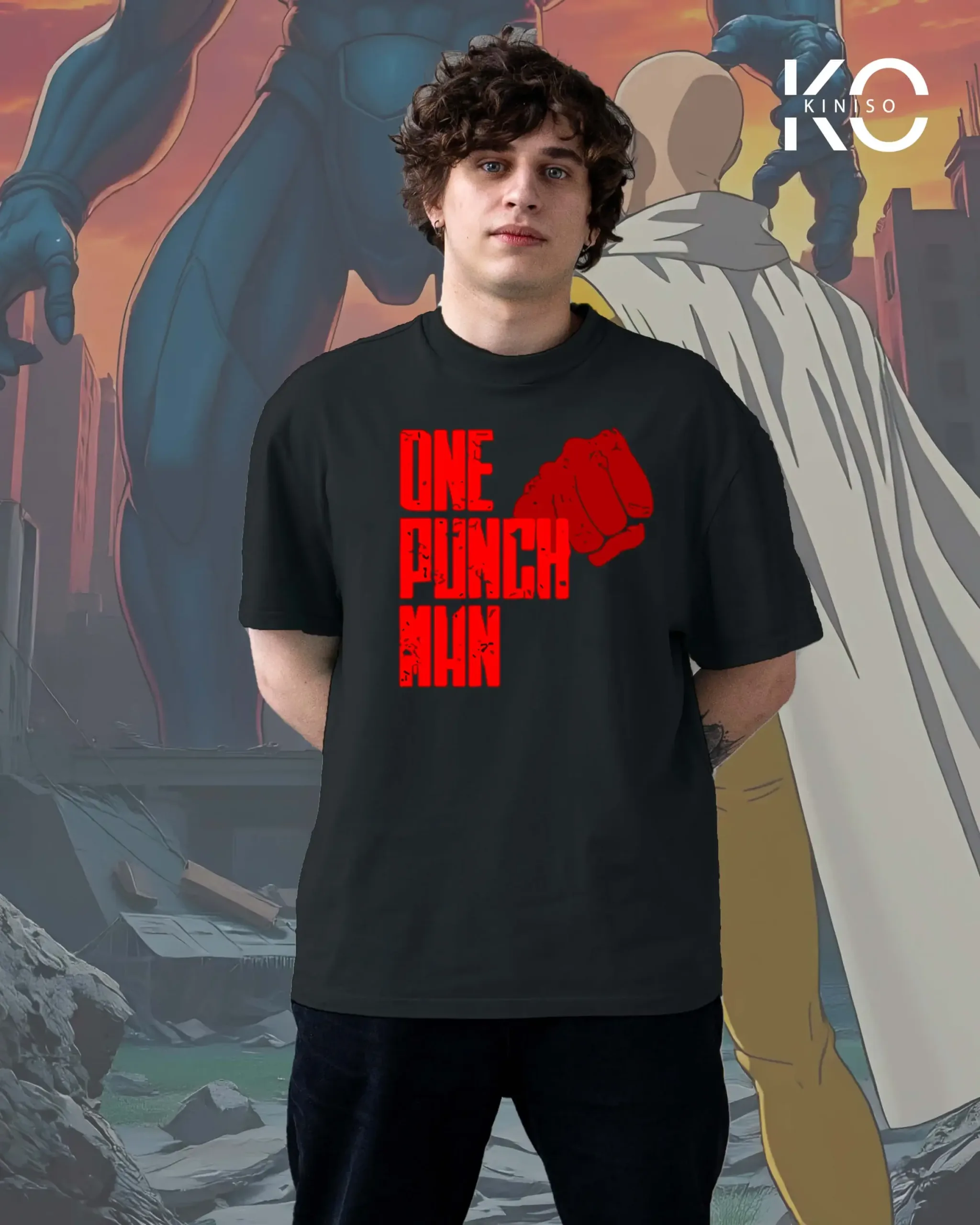 image of Kiniso Black Color Drop Shoulder T-Shirt with one punch man print for Manga Lovers