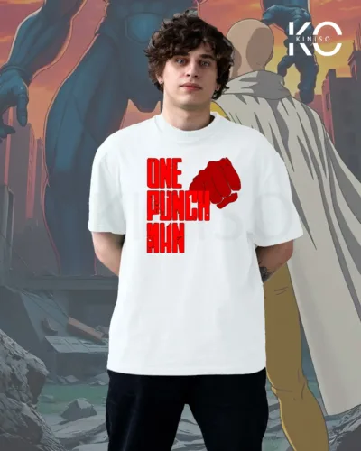 image of Kiniso White Color Drop Shoulder T-Shirt with one punch man print for Manga Lovers