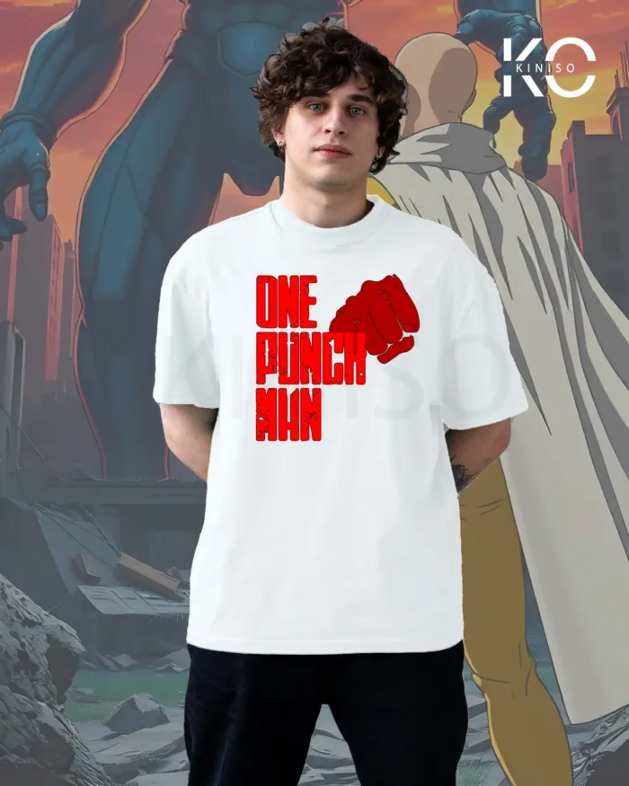 image of Kiniso White Color Drop Shoulder T-Shirt with one punch man print for Manga Lovers