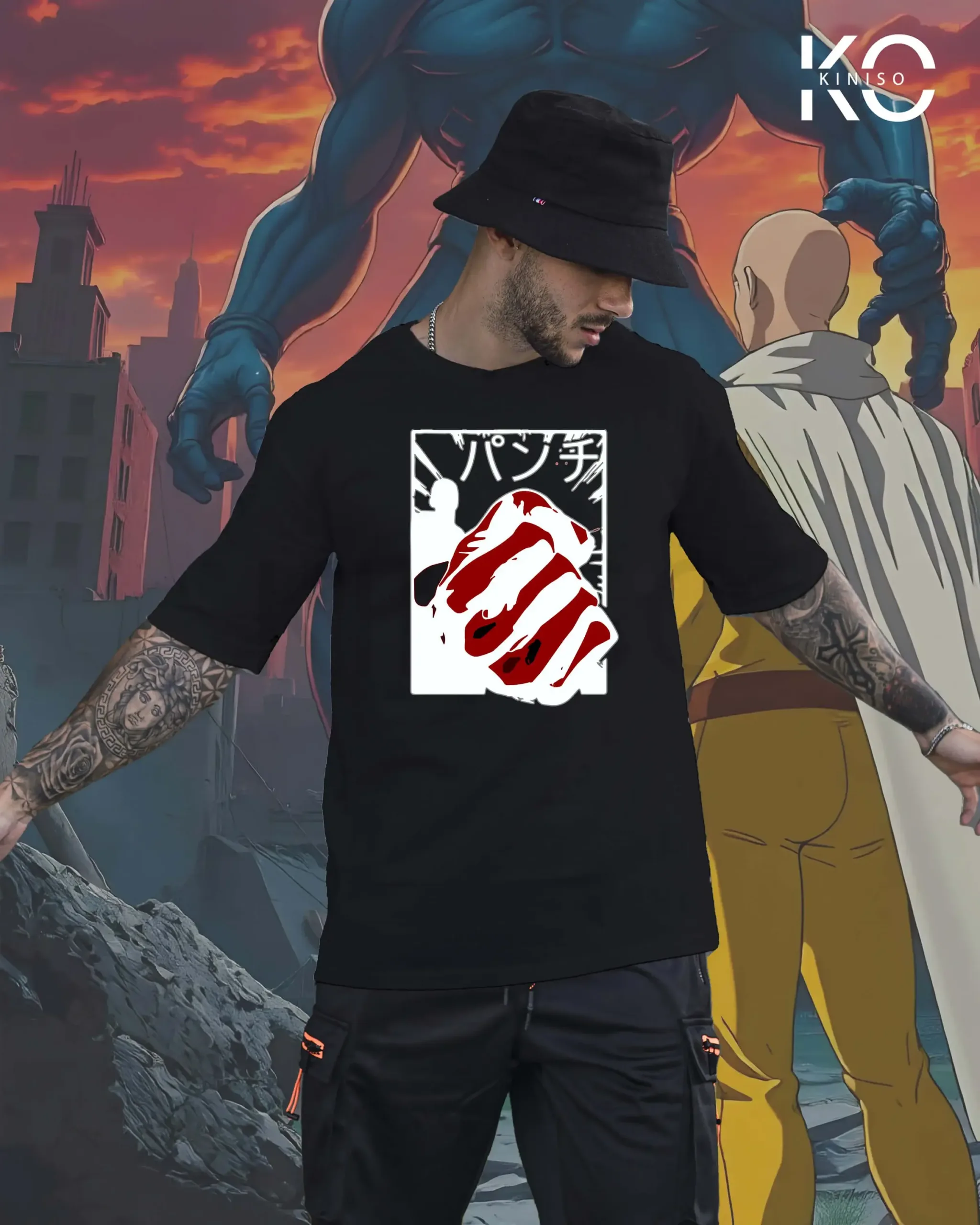 Kiniso Black Color Drop Shoulder T-Shirt with one punch man - punch print for Anime Lovers