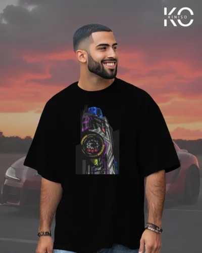 Image of Black Drop Shoulder Car Themed T-Shirt Racing Car Vertical Design Print For Men