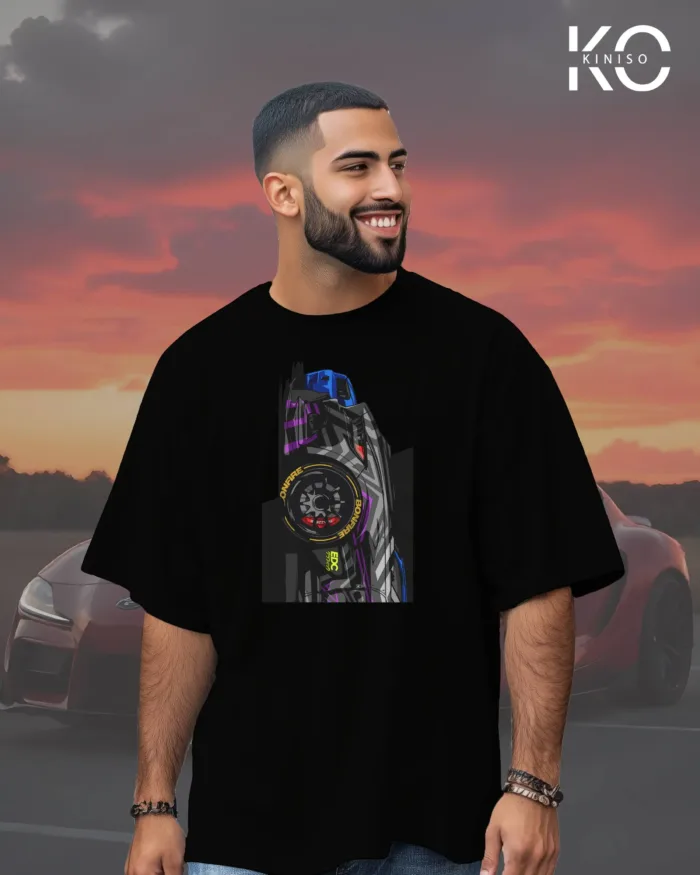 Image of Black Drop Shoulder Car Themed T-Shirt Racing Car Vertical Design Print For Men