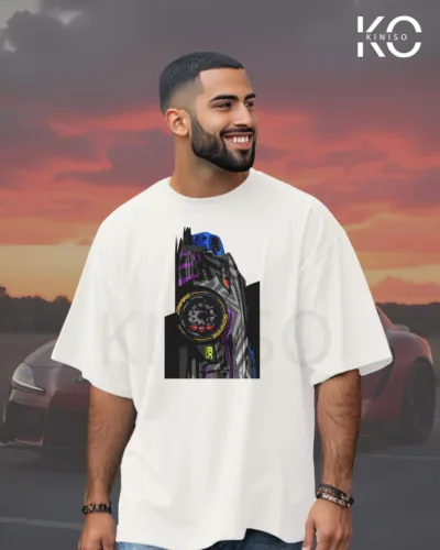 Image of White Drop Shoulder Car Themed T-Shirt Racing Car Vertical Design Print For Men