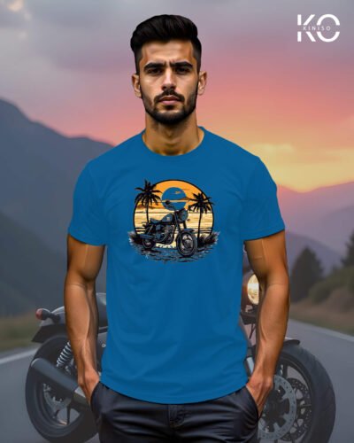 Image of Ocean Blue Color Motorcycle t-shirts featuring graphics of Sundrive for bike riders & adventure seekers