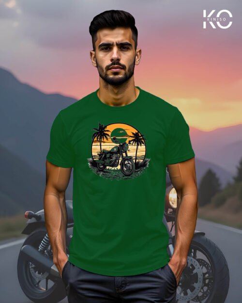 Image of Bottle Green Color Motorcycle t-shirts featuring graphics of Sundrive for bike riders & adventure seekers