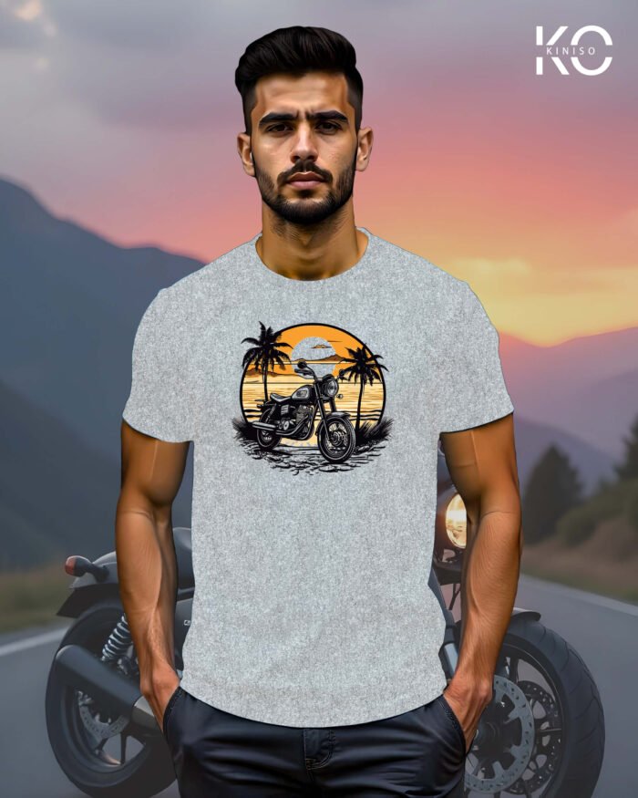 Image of Light Grey Color Motorcycle t-shirts featuring graphics of Sundrive for bike riders & adventure seekers