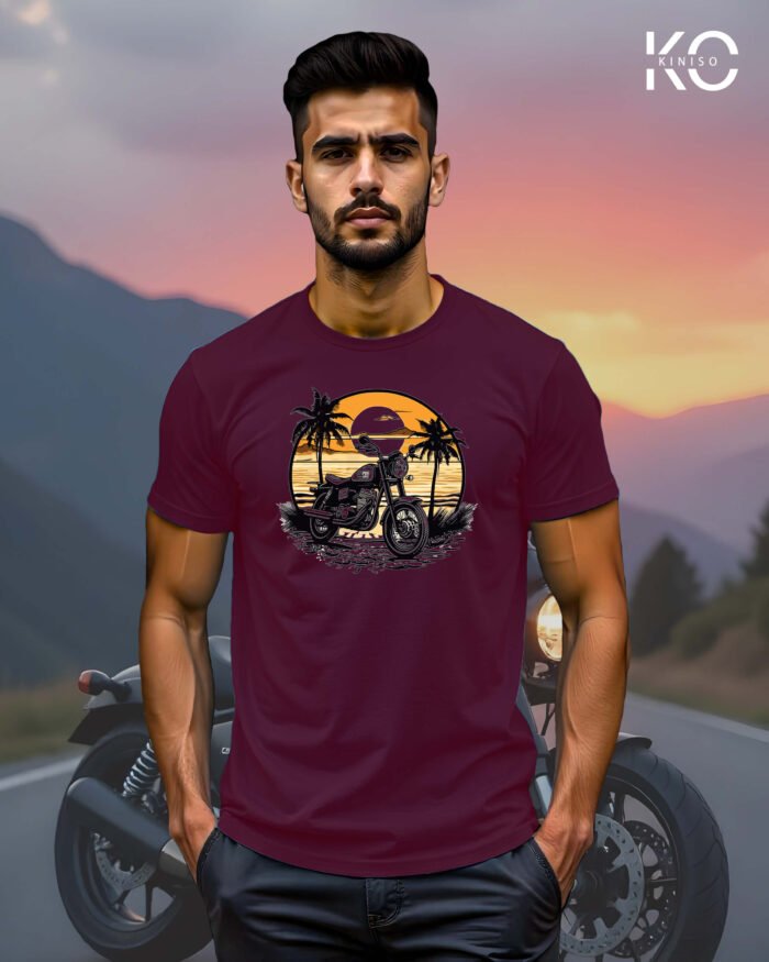 Image of Maroon Color Motorcycle t-shirts featuring graphics of Sundrive for bike riders & adventure seekers