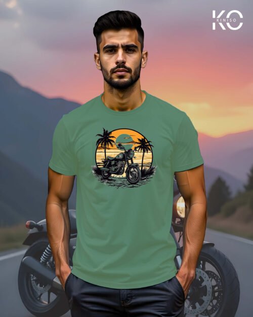 Image of Pastel Green Color Motorcycle t-shirts featuring graphics of Sundrive for bike riders & adventure seekers