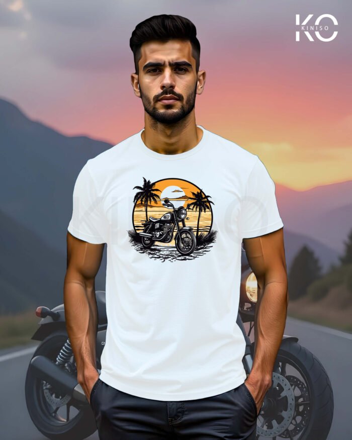 Image of White Color Motorcycle t-shirts featuring graphics of Sundrive for bike riders & adventure seekers