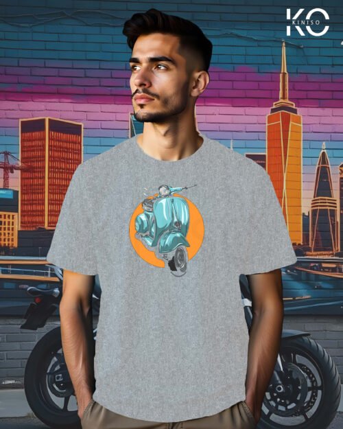 Image of Light Grey Color Motorcycle t-shirts featuring graphics of Sunrise Scooter for bike riders & adventure seekers