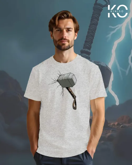 Image of Kiniso Light Grey Color Half Sleeve Crew Neck T-Shirt for Men with Thor Mioner Design