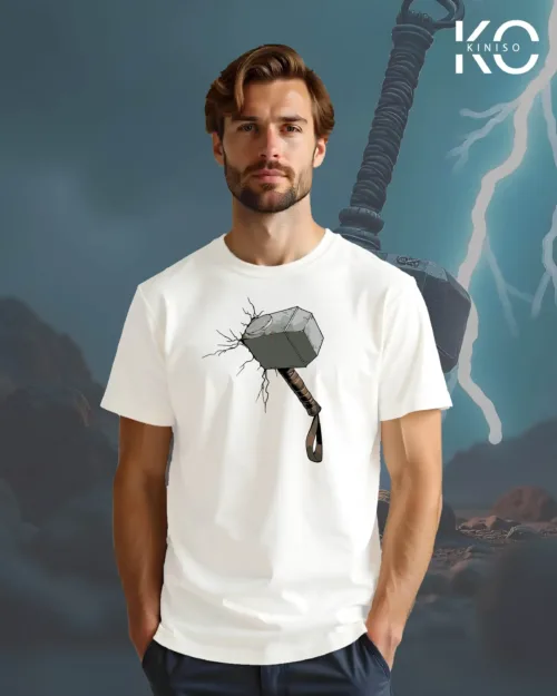 Image of Kiniso White Color Half Sleeve Crew Neck T-Shirt for Men with Thor Mioner Design