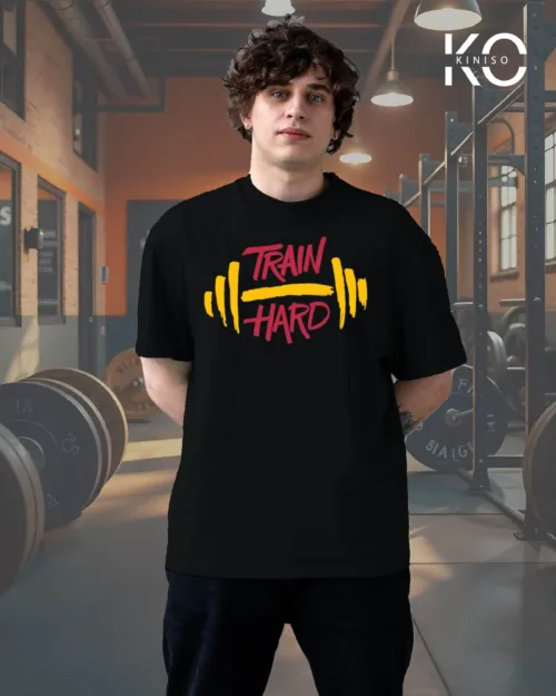 Image of Black Color GYM Themed Train Hard in GYM Printed Drop Shoulder T-Shirts for men