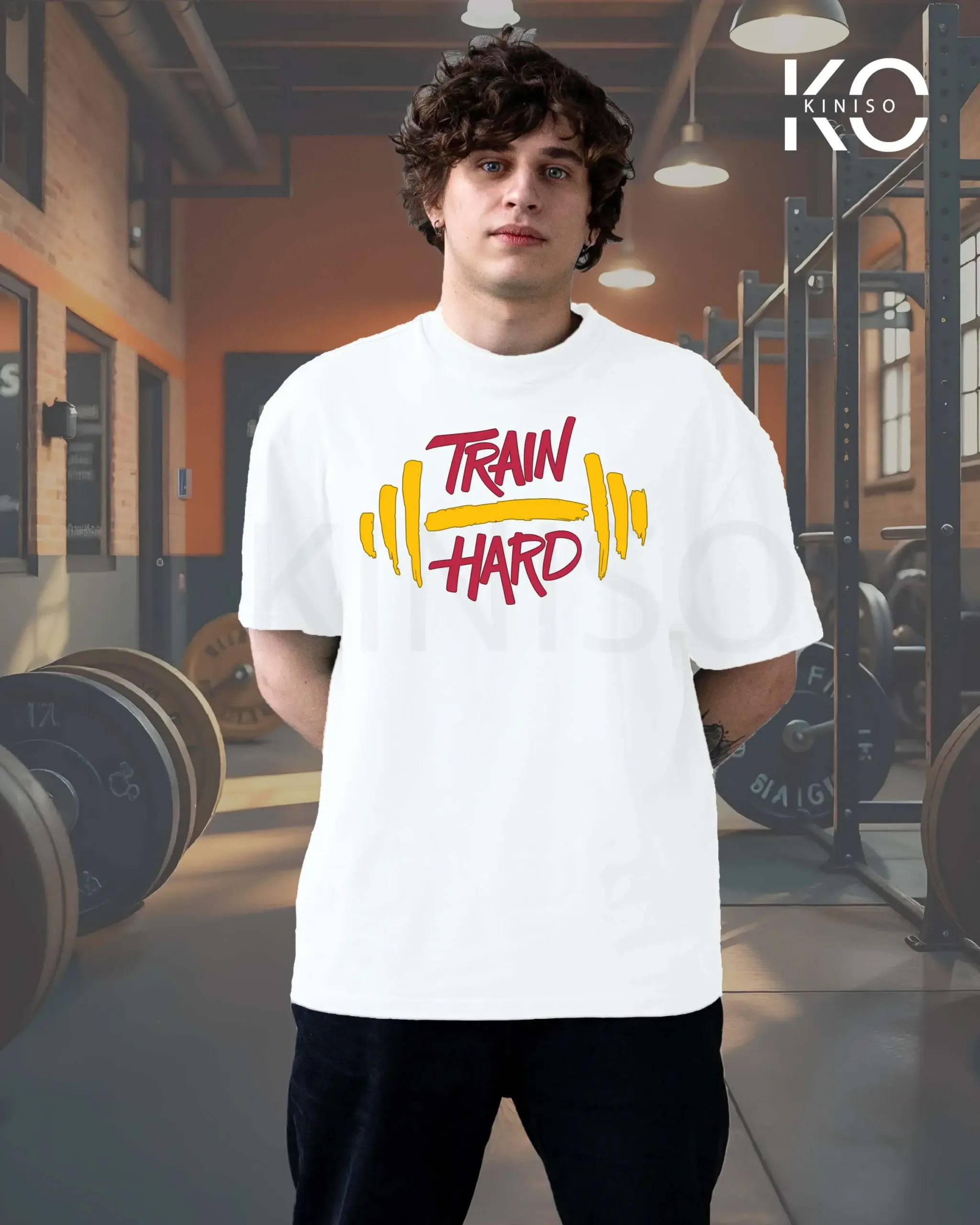 Image of White Color GYM Themed Train Hard in GYM Printed Drop Shoulder T-Shirts for men