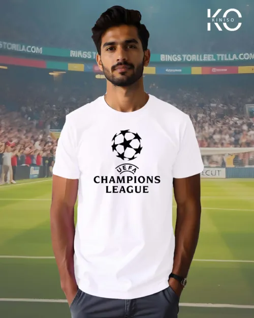 Image of Kiniso Half Sleeve white color football themed t-shirt with UEFA Champion League design