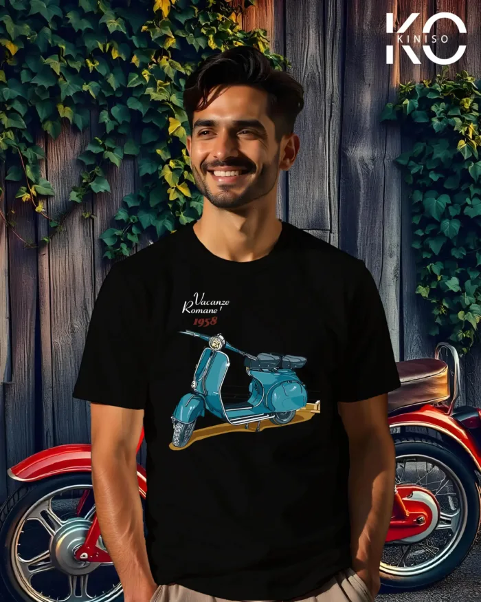 Image of Black Color Motorcycle t-shirts featuring graphics of Vacanze Romane Scooty for bike riders & adventure seekers