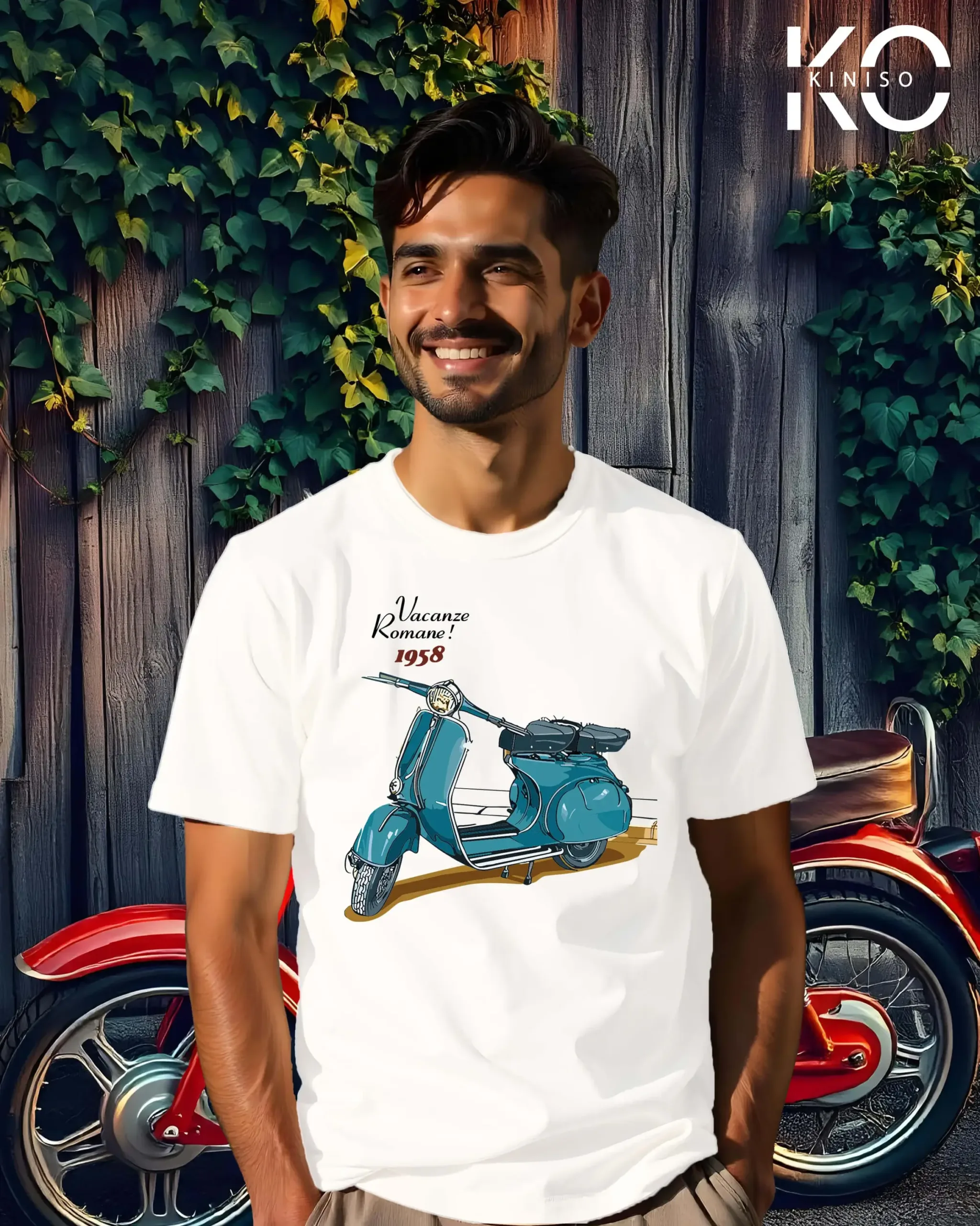 Image of White Color Motorcycle t-shirts featuring graphics of Vacanze Romane Scooty for bike riders & adventure seekers