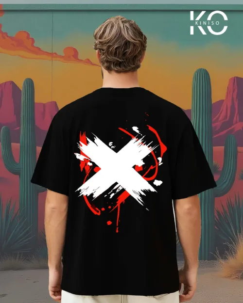 Image of Black color drop shoulder graffiti printed t-shirts with X Cross in Blood design for hip hop lovers back side